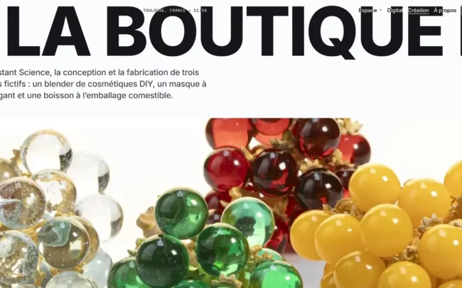 screenshot du site web j-stuck.fr montrant des grappes de raisin artificiel en résine sur fond blanc - texte lisible